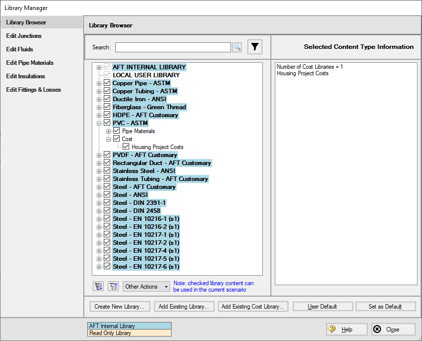 The Connect to Library tab of the Library Manager window with the PVC cost library connected.